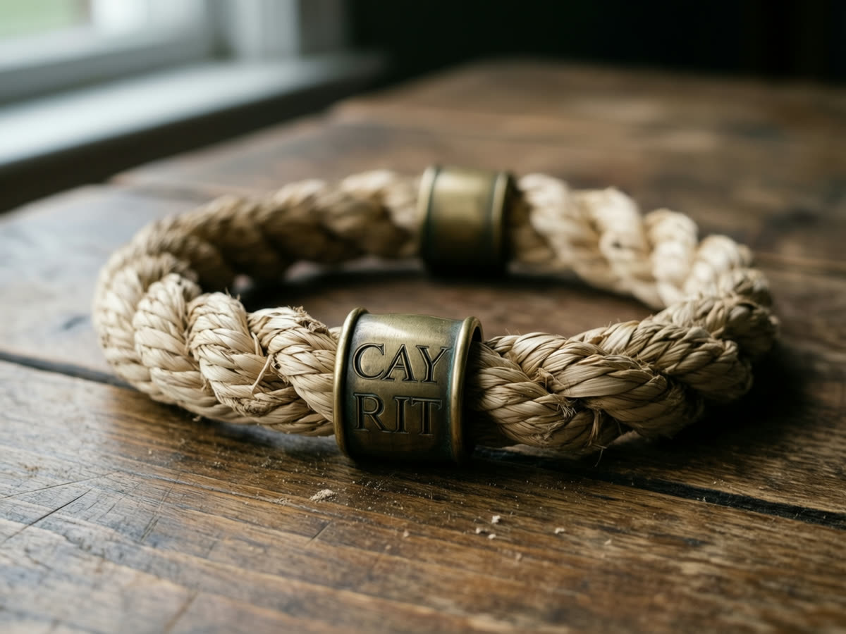 Concept render: a pale palm-fibre rope bracelet with brass end caps.