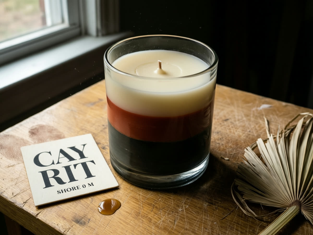 Concept render: a heavy glass tumbler candle design with three horizontal bands of cream, oxblood and umber.