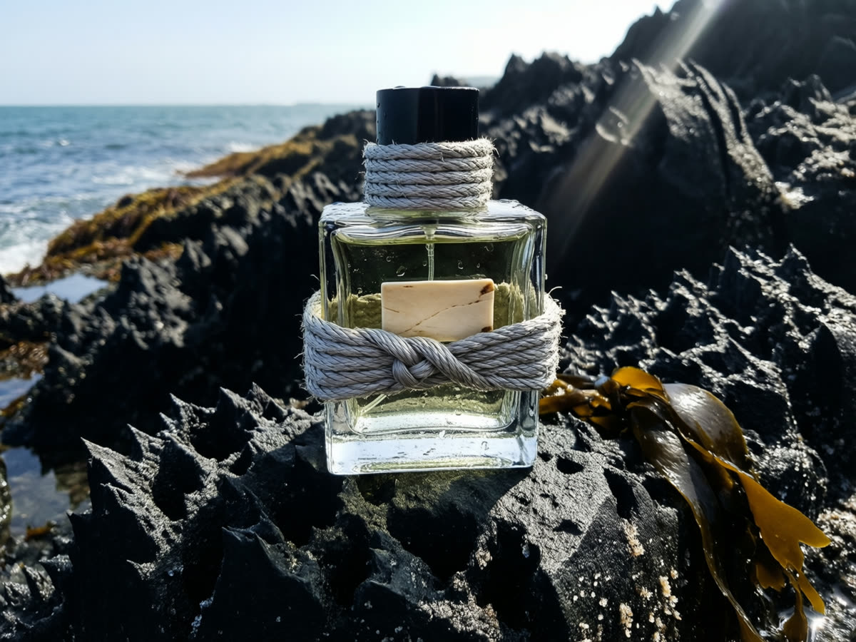 Concept render: a heavy square glass perfume bottle with a cap wrapped in pale palm cord, on wet black rock.
