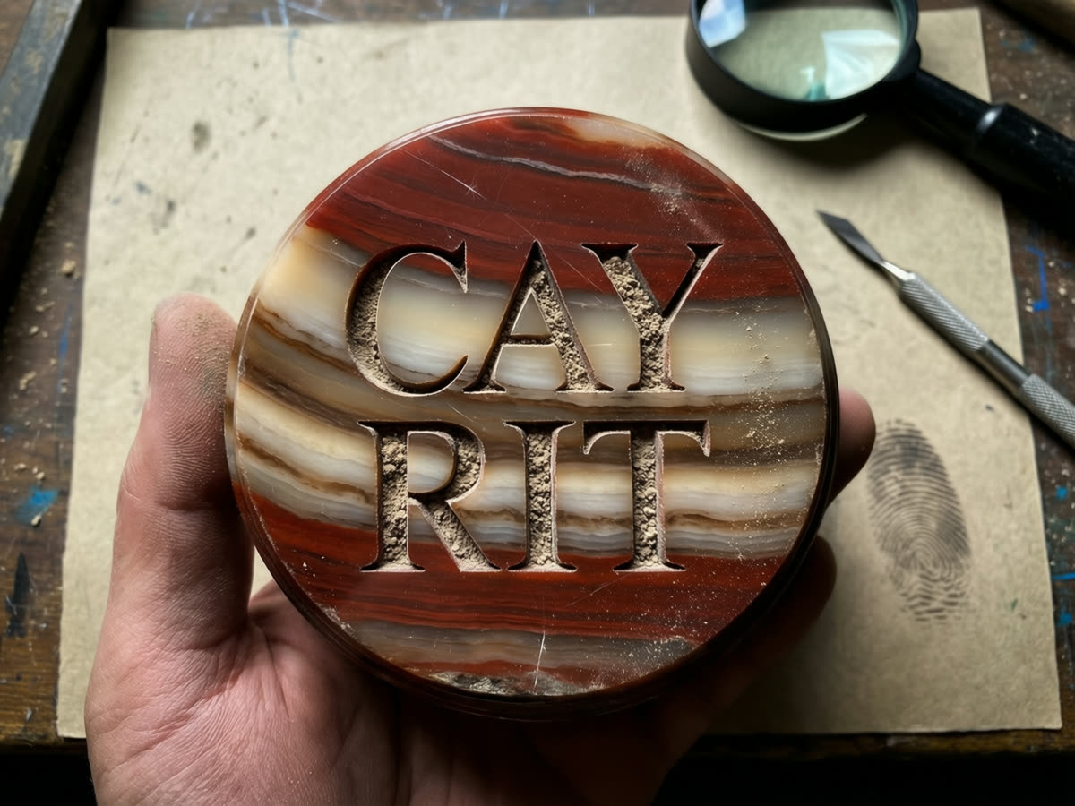 Concept render: a polished disc of banded caymanite engraved with CAY over RIT, shown at a lapidary bench.