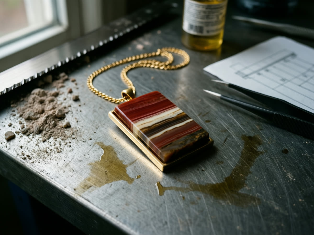 Concept render: a rectangular pendant of banded red and cream stone in a thin gold frame on a fine chain.