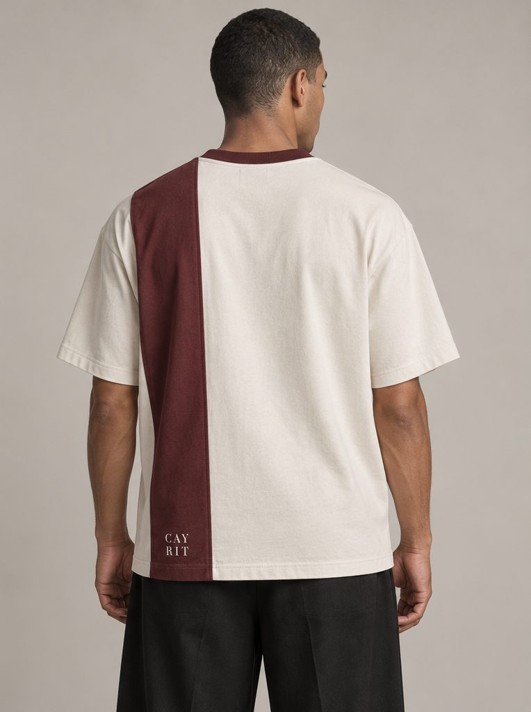 Studio render: the back of the shirt, the oxblood panel running from collar to hem.